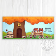 Sunny Studio Autumn Tree House with Fall Fox Friends in Wagon Slimline Card (using Gingerbread House Window & Door Dies)