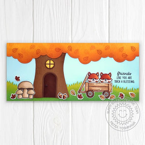 Sunny Studio Fox in Wood Wagon Beneath Fall Tree House Autumn Card (using Slimline Nature Border Metal Cutting Dies)