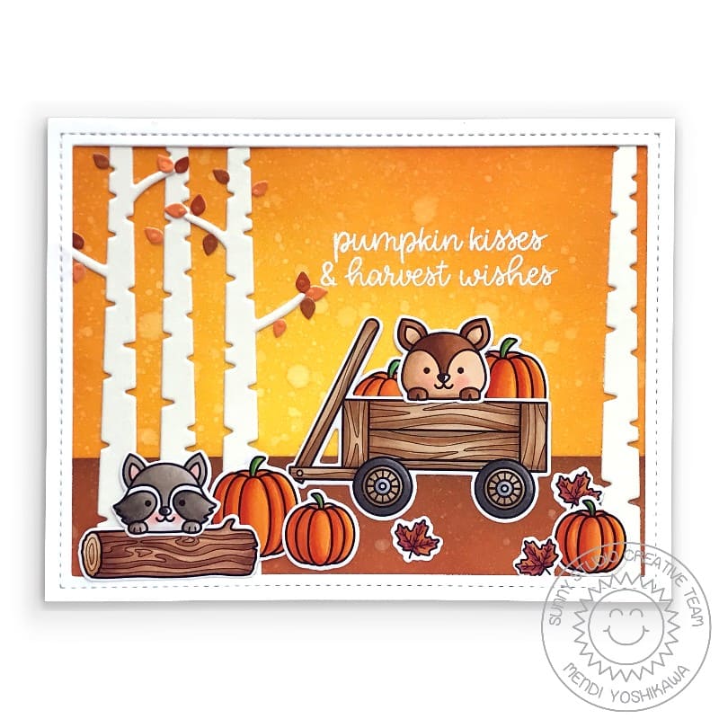 Sunny Studio Autumn Critters in the Forest with Wagon at Sunset Handmade Card (using Fall Friends 4x6 Clear Stamps)