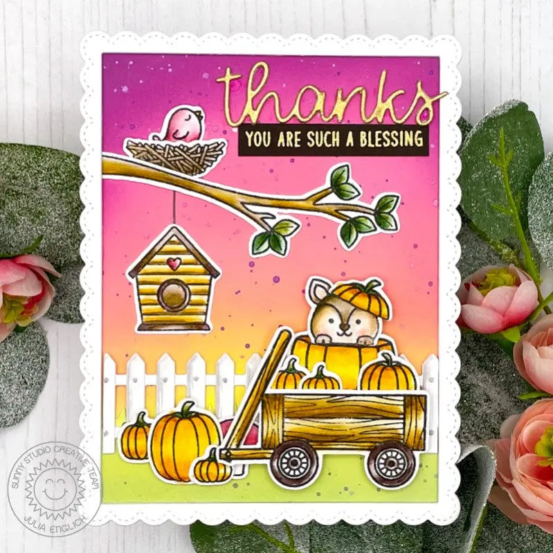 Sunny Studio Pumpkins in Wagon with Birdhouse & Nest Scalloped Fall Thank You Card (using A Bird's Life 4x6 Clear Stamps)