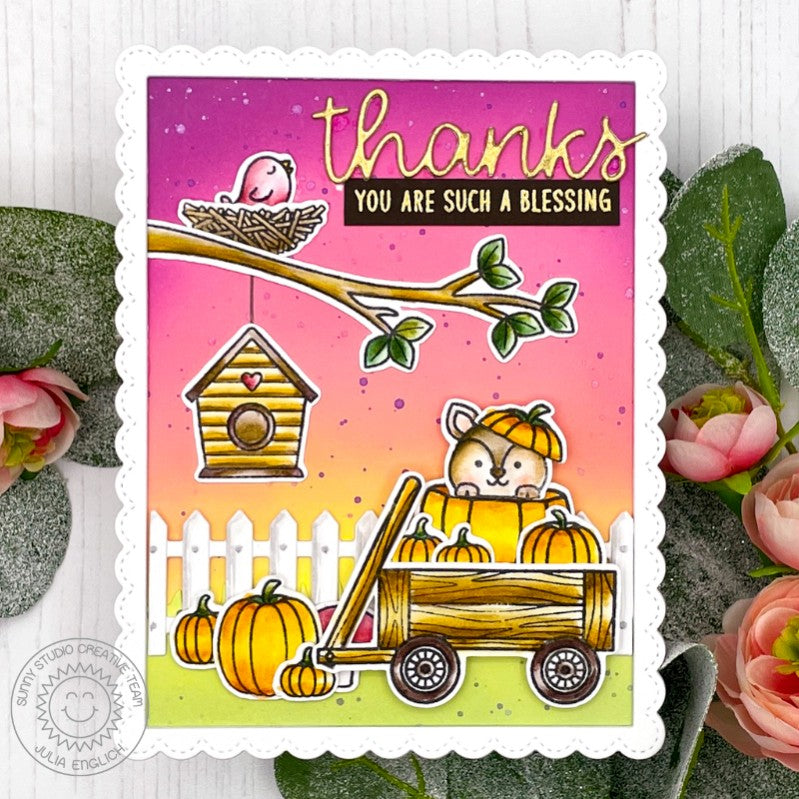 Sunny Studio Stamps Pumpkins in Wagon with Birdhouse & Bird Nest Scalloped Fall Thank You Card (using Picket Fence Dies)