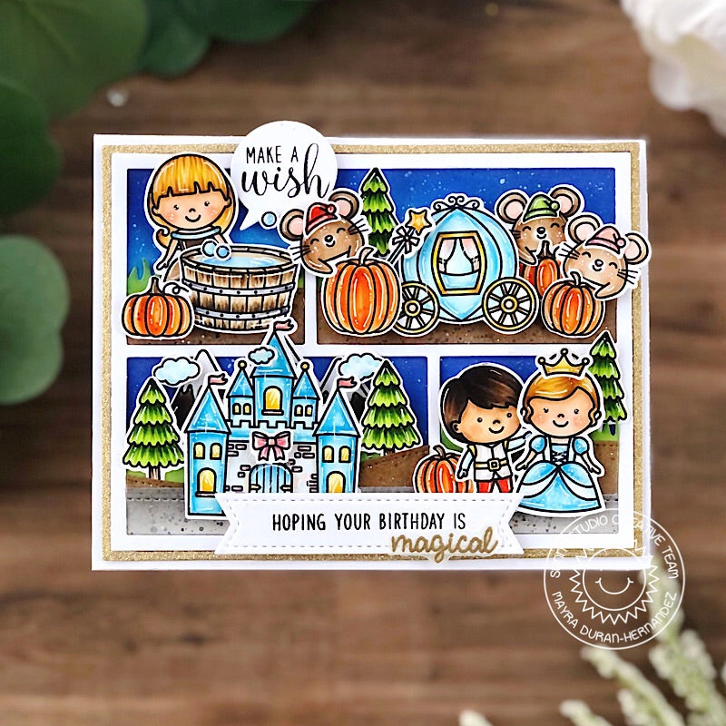Sunny Studio Stamps Cinderella with Prince Charming, Mice, Carriage & Castle Birthday Card (using Comic Strip Speech Bubbles Dies)