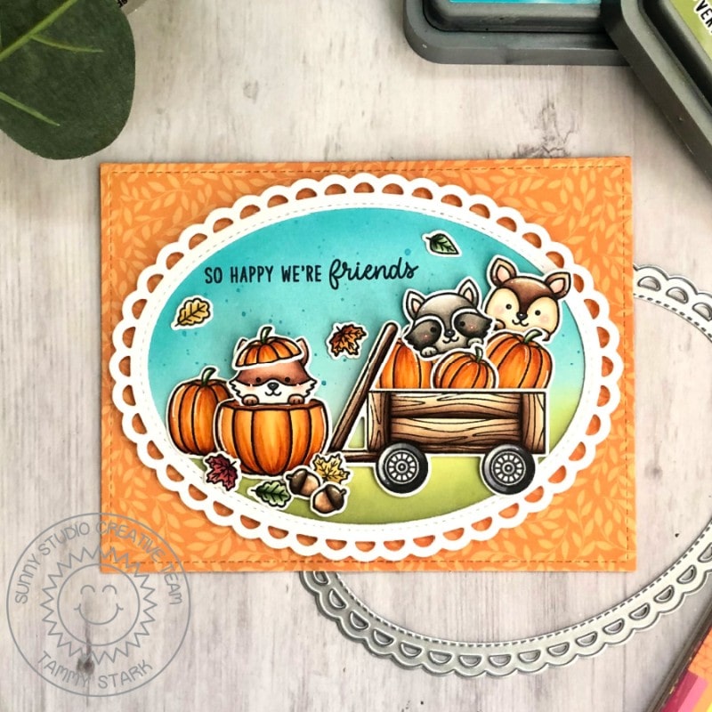 Sunny Studio So Happy We're Friends Fox, Raccoon & Deer with Pumpkins, Leaves & Wagon Card (using Fall Friends Clear Stamps)
