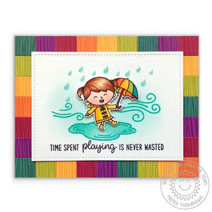 Sunny Studio Girl Playing in Puddles with Umbrella Fall Card (using Rain Showers 2x3 Background Clear Stamps)