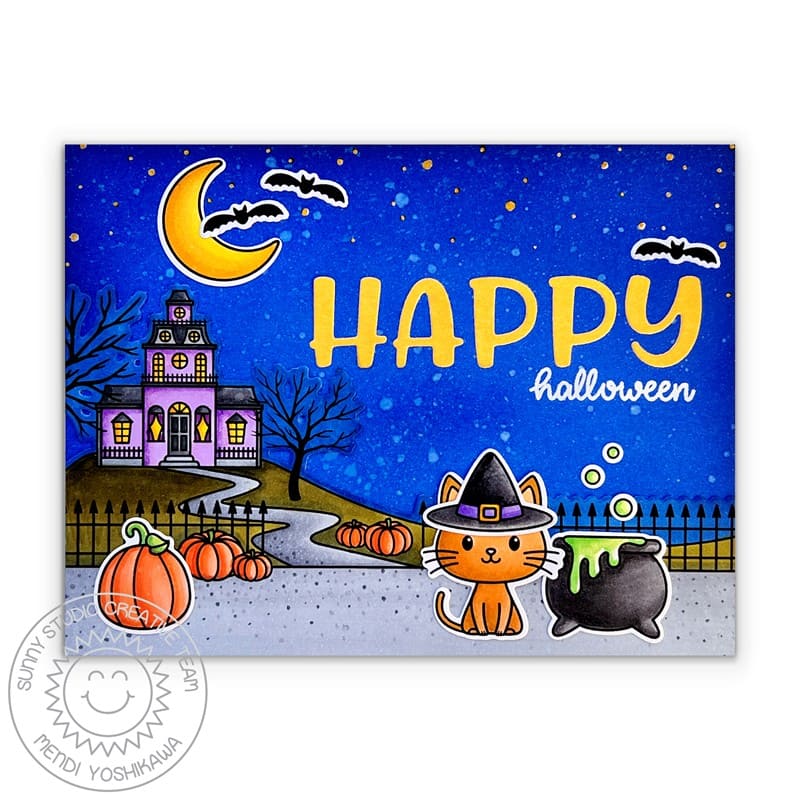 Sunny Studio Cat with Cauldron, Haunted House, Bats & Moon Halloween Card (using Bewitching 2x3 Clear Stamps)