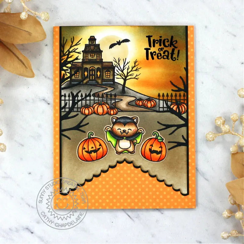 Sunny Studio Stamps Halloween Haunted House with Moonlit Sky Scalloped Card (using Fishtail Banner II Metal Cutting Dies)