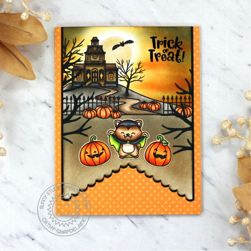Sunny Studio Trick or Treat Halloween Haunted House with Moonlit Sky Handmade Card (using Too Cute To Spook Clear Stamps)