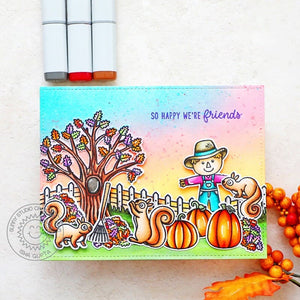 Sunny Studio Squirrels & Scarecrow with Tree, Fence & Fall Leaves Autumn Card (using Happy Harvest 4x6 Clear Stamps)