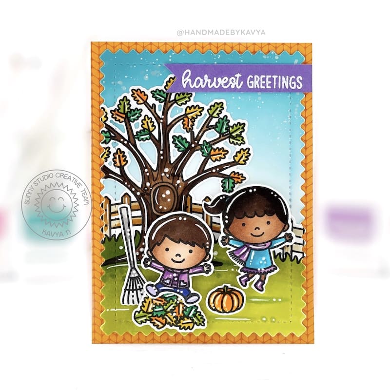 Sunny Studio Harvest Greetings Kids Playing In Pile of Leaves Autumn Card (using Fall Scenes Tree Border Clear Stamps)