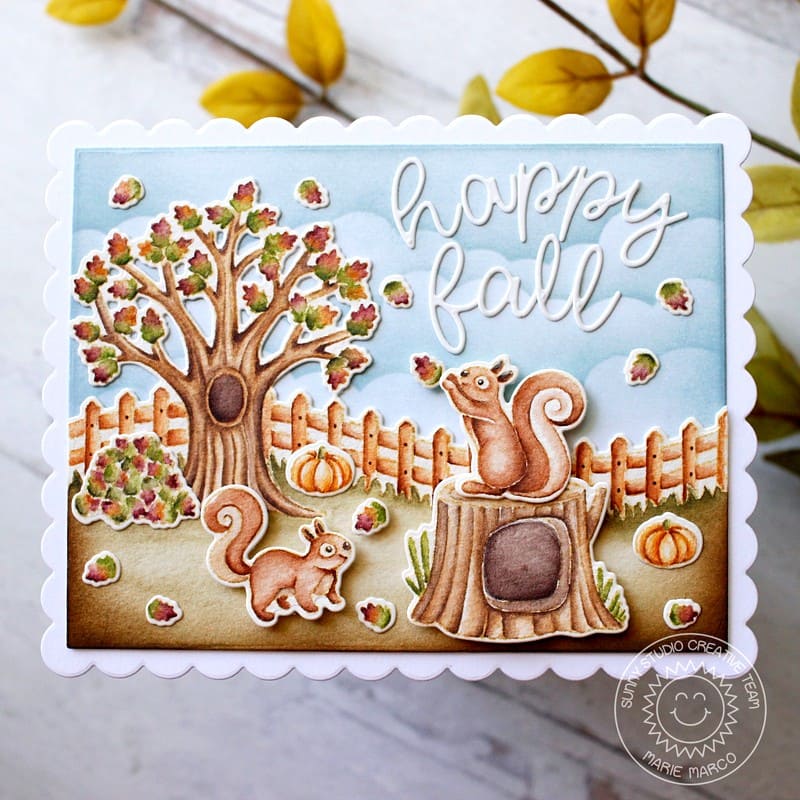 Sunny Studio Happy Fall Watercolor No Line Coloring Squirrels & Autumn Tree Scalloped Card (using Fall Scenes Clear Stamps)