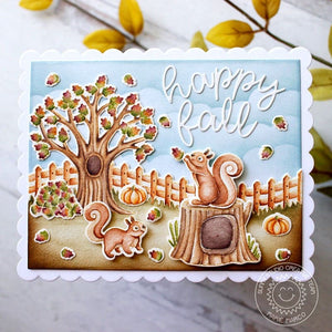 Sunny Studio Happy Fall Watercolor No Line Coloring Squirrels & Autumn Tree Scalloped Card (using Squirrel Friends Clear Stamps)