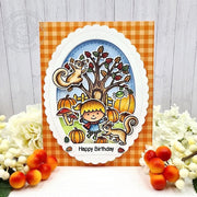 Sunny Studio Squirrels, Pumpkins & Autumn Tree Scalloped Oval Fall Birthday Card (using Fall Scenes Borders Clear Stamps)