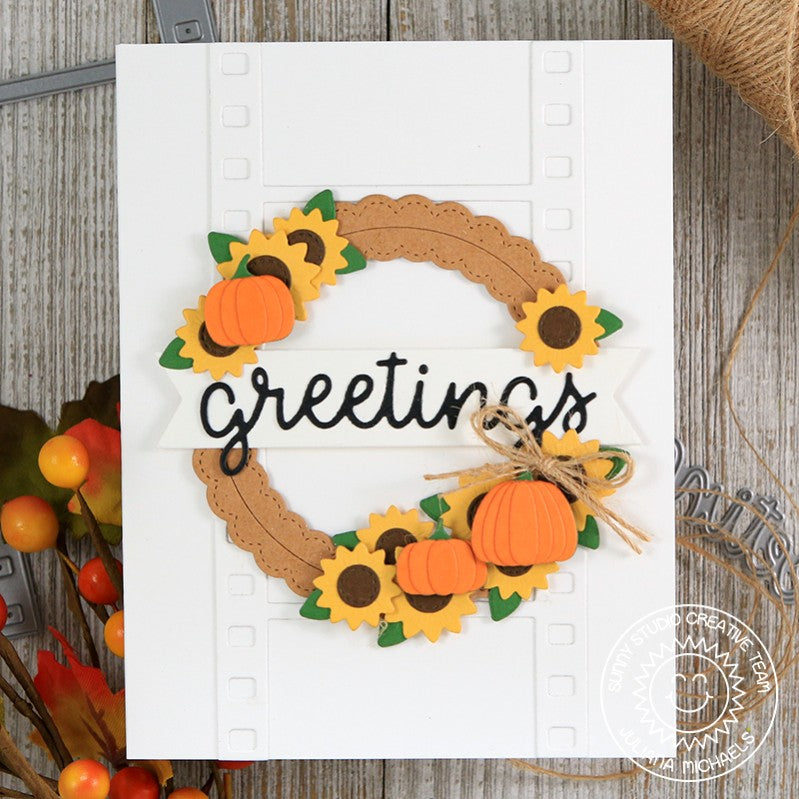 Sunny Studio Stamps Fall Autumn Wreath Greetings Card by Juliana Michaels (using Greetings Word Metal Cutting Dies)