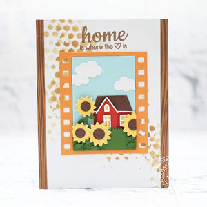 Sunny Studio Stamps Home Is Where The Heart Is Sunflowers & House Card with Frame using Fall Flicks Filmstrip dies.