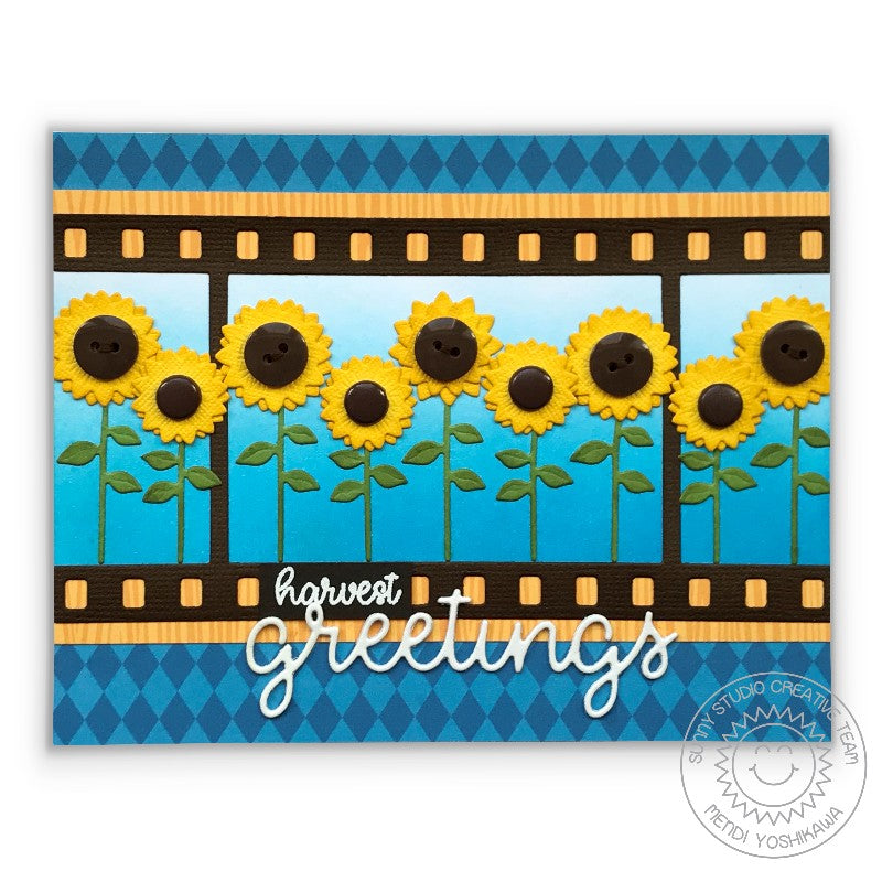 Sunny Studio Stamps Harvest Greetings Sunflower Filmstrip Fall Themed Card (using Greetings Word Metal Cutting Die)