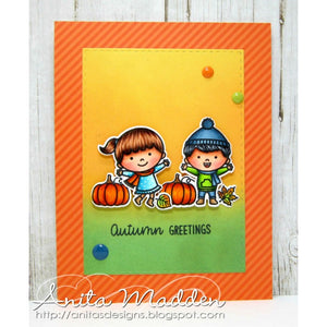Sunny Studio Stamps Fall Kiddos Autumn Greetings Kids in Pumpkin Patch Card (using Dots & Stripes Jewel Tones 6x6 Paper)