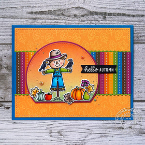 Sunny Studio Stamps Striped Scarecrow With Leaves & Pumpkins Handmade Fall Harvest Themed Card (using Colorful Autumn Double Sided 6x6 Patterned Paper Pack Pad)