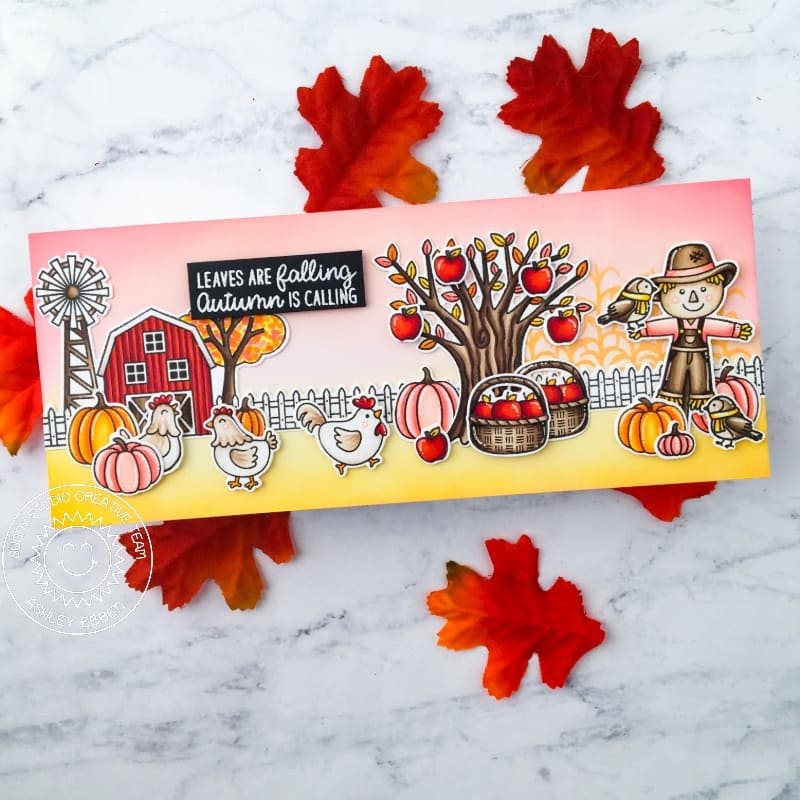 Sunny Studio Pink Sunset Scarecrow with Barn, Apple Tree, Pumpkins & Chickens Fall Slimline Card using Farm Fresh Clear Stamp