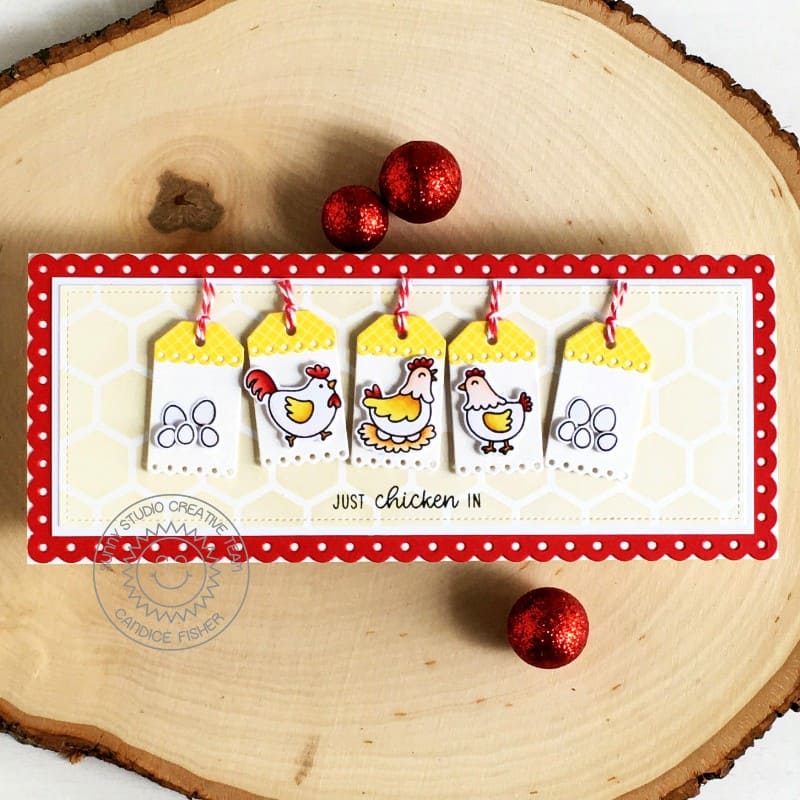 Sunny Studio Stamps Just Chicken In Punny Hen Slimline Card With Mini Gift Tags using Window Quad Square Metal Cutting Dies