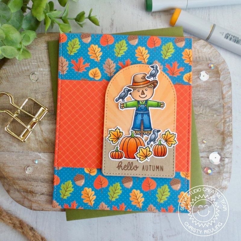 Sunny Studio Stamps Hello Autumn Scarecrow with Pumpkins and Leaves Fall Harvest Card using Stitched Arch Metal Cutting Dies