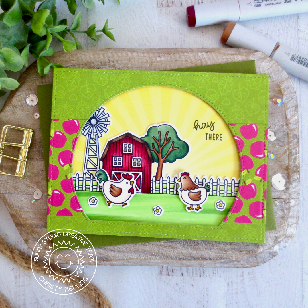 Sunny Studio Stamps Hay There Chickens with Barn Farm Themed Handmade Fall Card with apple print (using Colorful Autumn Double Sided 6x6 Patterned Paper Pack Pad)