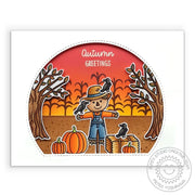 Sunny Studio Autumn Greetings Scarecrow with Crows, Corn Field Pumpkin Patch at Sunset Fall Card using Farm Fresh Clear Stamp