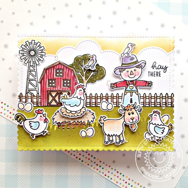 Sunny Studio Farm Fresh Scarecrow & Chickens Fall Card with Stitched Clouds using Slimline Nature Borders Metal Cutting Dies
