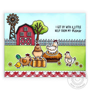 Sunny Studio Red Gingham I Get By With A Little Help From My Hens Punny Chicken Farm Card using Farm Fresh 4x6 Clear Stamps