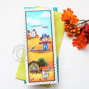 Sunny Studio Stamps Scarecrow, Chicken & Barn Fall Autumn Handmade Card using Slimline Scalloped Frame Metal Cutting Dies