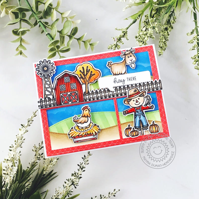 Sunny Studio Hay There Punny Scarecrow, Goat, Chicken & Barn Comic Strip Fall Autumn Card using Farm Fresh 4x6 Clear Stamps