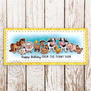 Sunny Studio Happy Birthday From the Funny Farm Horse, Cow, Sheep, & Chicken Slimline Card using Kinsley Alphabet Clear Stamps