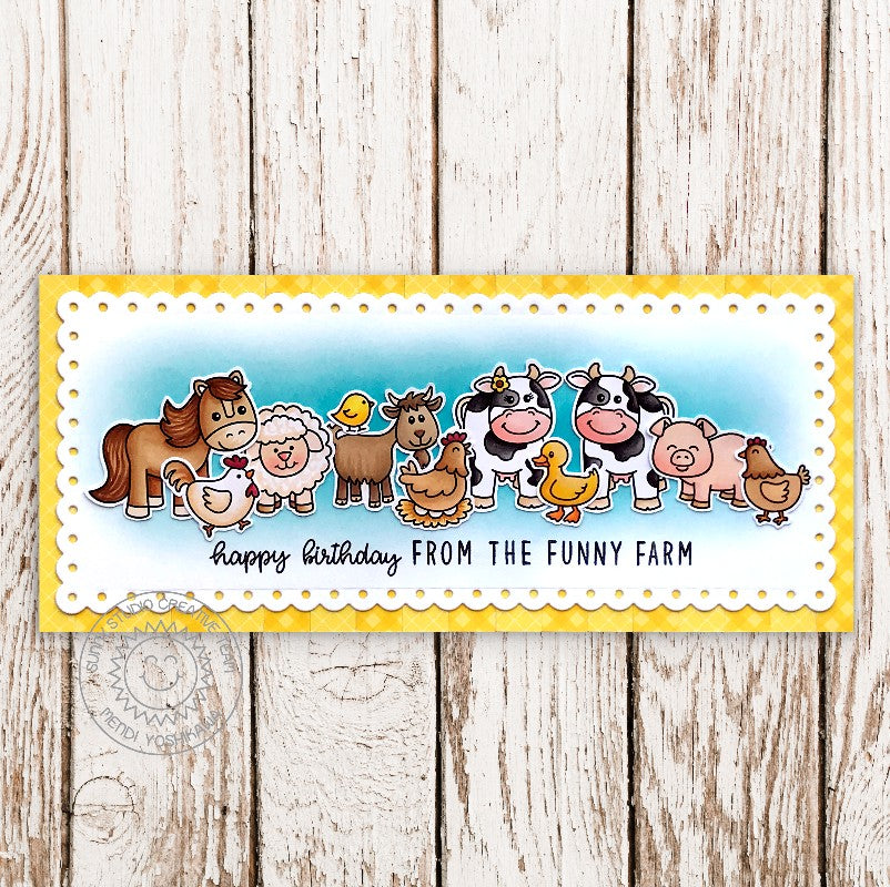 Sunny Studio Happy Birthday From the Funny Farm Horse, Cow, Sheep, & Chicken Slimline Card using Kinsley Alphabet Clear Stamps