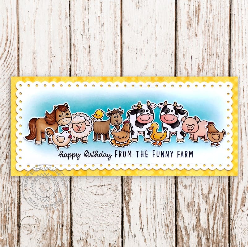 Sunny Studio Happy Birthday From the Funny Farm Horse, Pig, Chicken, Goat & Cow Slimline Card using Farm Fresh Clear Stamps