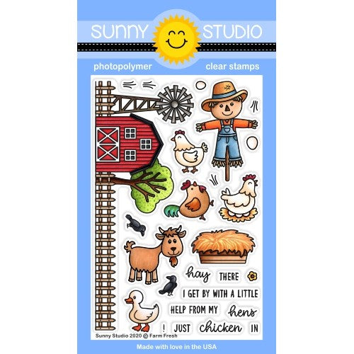 Sunny Studio Farm Fresh 4x6 Clear Photopolymer Stamps featuring barn, windmill, goat, duck, chicken, rooster & scarecrow