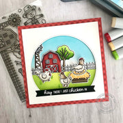 Sunny Studio Stamps Red Gingham Hay There! Just Chicken In Punny Farm Card using Stitched Semi-Circle Metal Cutting Dies