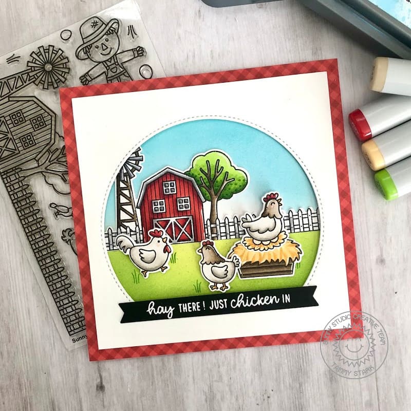 Sunny Studio Hay There! Just Chicken in Punny Handmade Fall Autumn Card (using Farm Fresh 4x6 Clear Stamps)