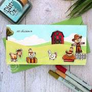 Sunny Studio Farm Fresh Scarecrow, Chickens & Barn Fall Card with Clouds, Grass & Hillside using Slimline Nature Border Dies