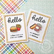Sunny Studio Stamps Junk Food Popcorn, Hot Dog & Burgers Card featuring hello scripty word die