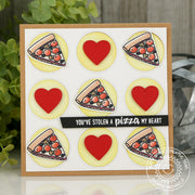 Sunny studio Stamps Tic Tac Toe Hearts & Pizza Card using Window Trio Circle Dies