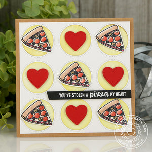Sunny studio Stamps Tic Tac Toe Hearts & Pizza Card using Window Trio Circle Dies