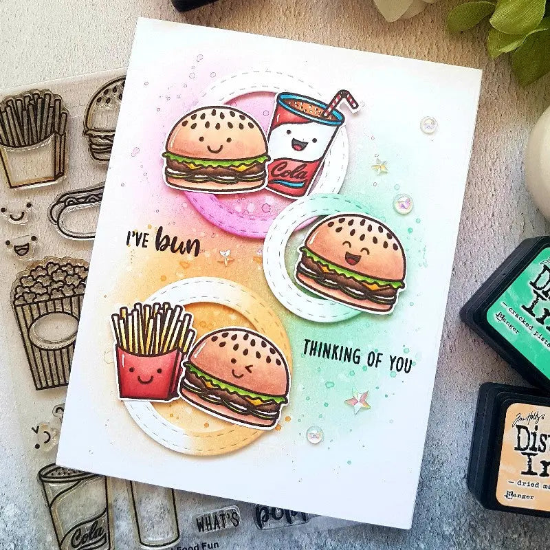 Sunny Studio Stamps Fast Food Fun Burgers & Fries Pastel Card