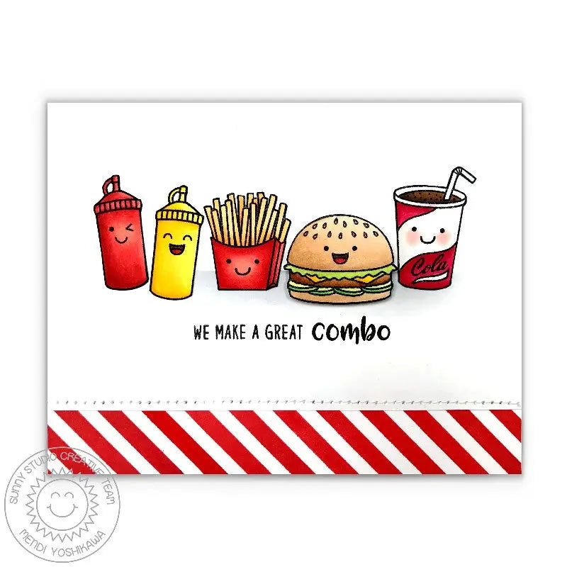 Sunny Studio Red Striped Cheeseburger Fast Food Card using Background Basics Border Stamps