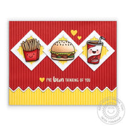 Sunny Studio Stamps Hamburger, Fries & Soda Pop card using the Fancy Frames stitched scallop Square dies