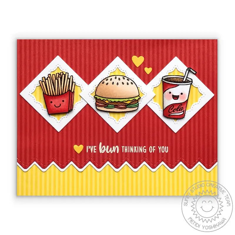 Sunny Studio Stamps Hamburger, Fries & Soda Pop card using the Fancy Frames stitched scallop Square dies