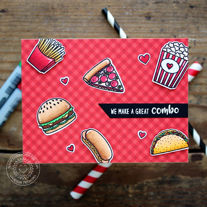 Sunny Studio Red Gingham Pizza, Hamburger, Fries, Taco, Popcorn & Hotdog Card (using Classic Gingham 6x6 Patterned Paper Pad)