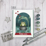 Sunny Studio Hoppy Kisses Frog in Pond No-line Coloring Snow Globe Card by Sara Zoppi (using Feeling Froggy Mini 2x3 Clear Stamps)