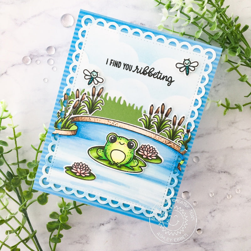 Sunny Studio I Find You Ribbeting Frog Sitting On Lily Pad with Pond Card (using Country Scenes 4x6 Clear Stamps)