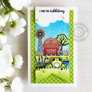 Sunny Studio Stamps I Find You Ribbeting Punny Frog on Farm Card with Stitched Banner (using Slimline Pennant Cutting Dies)