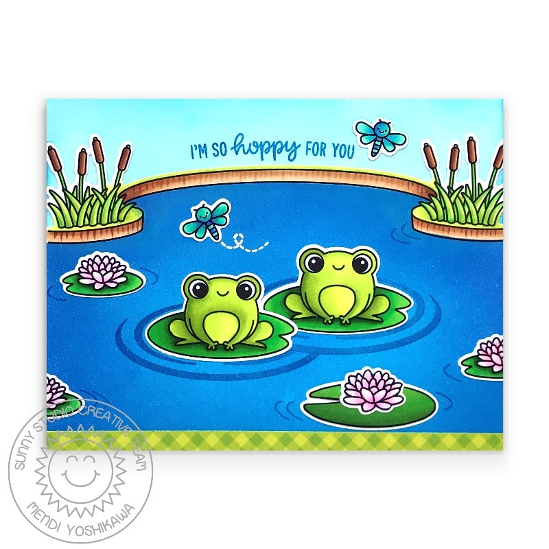 Sunny Studio I'm So Hoppy For You Punny Frogs in Pond Spring Card (using Country Scenes 4x6 Border Clear Stamps)
