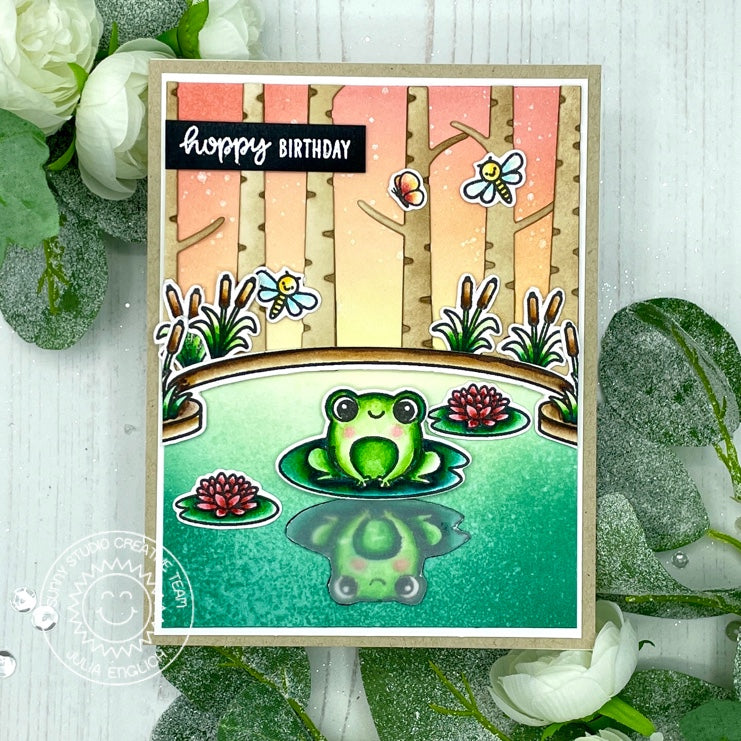 Sunny Studio Hoppy Birthday Frog with Reflection in Pond Card (using Feeling Froggy Mini 2x3 Clear Stamps)